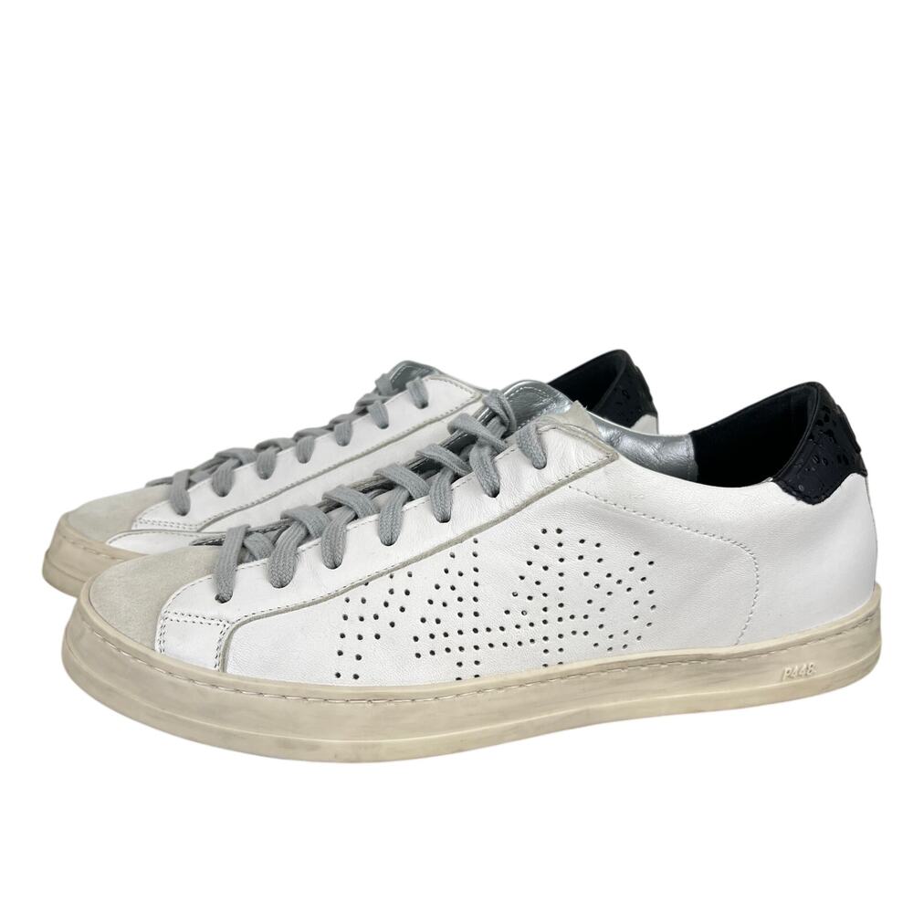 Women's P448 John White Leather Black Casual Lace Up Sneakers (Sz 9.5)